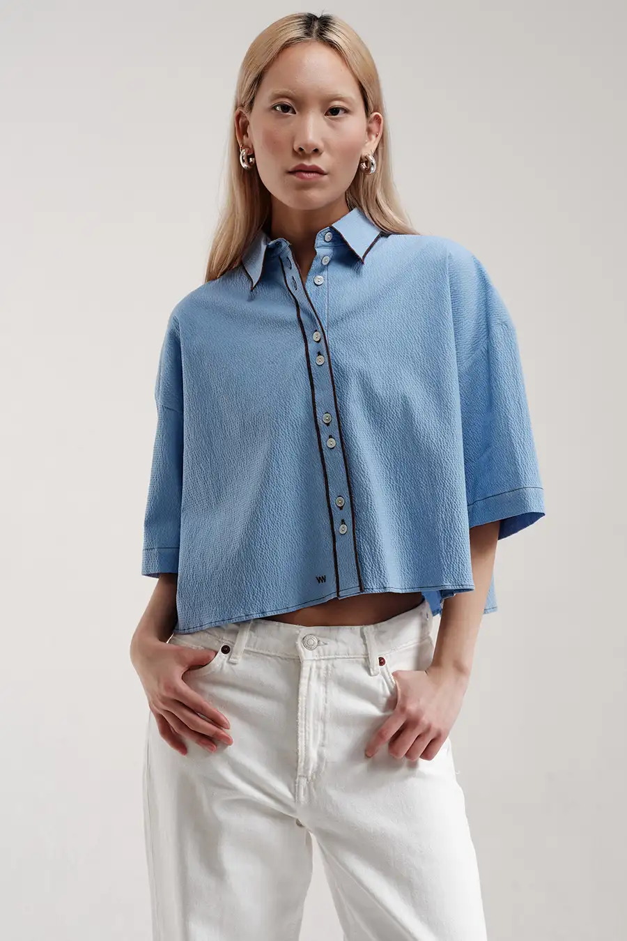 Chemise courte en coton gaufré